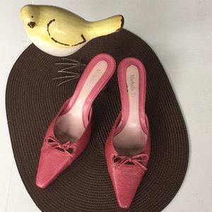 Pink leather snake skin textured mules